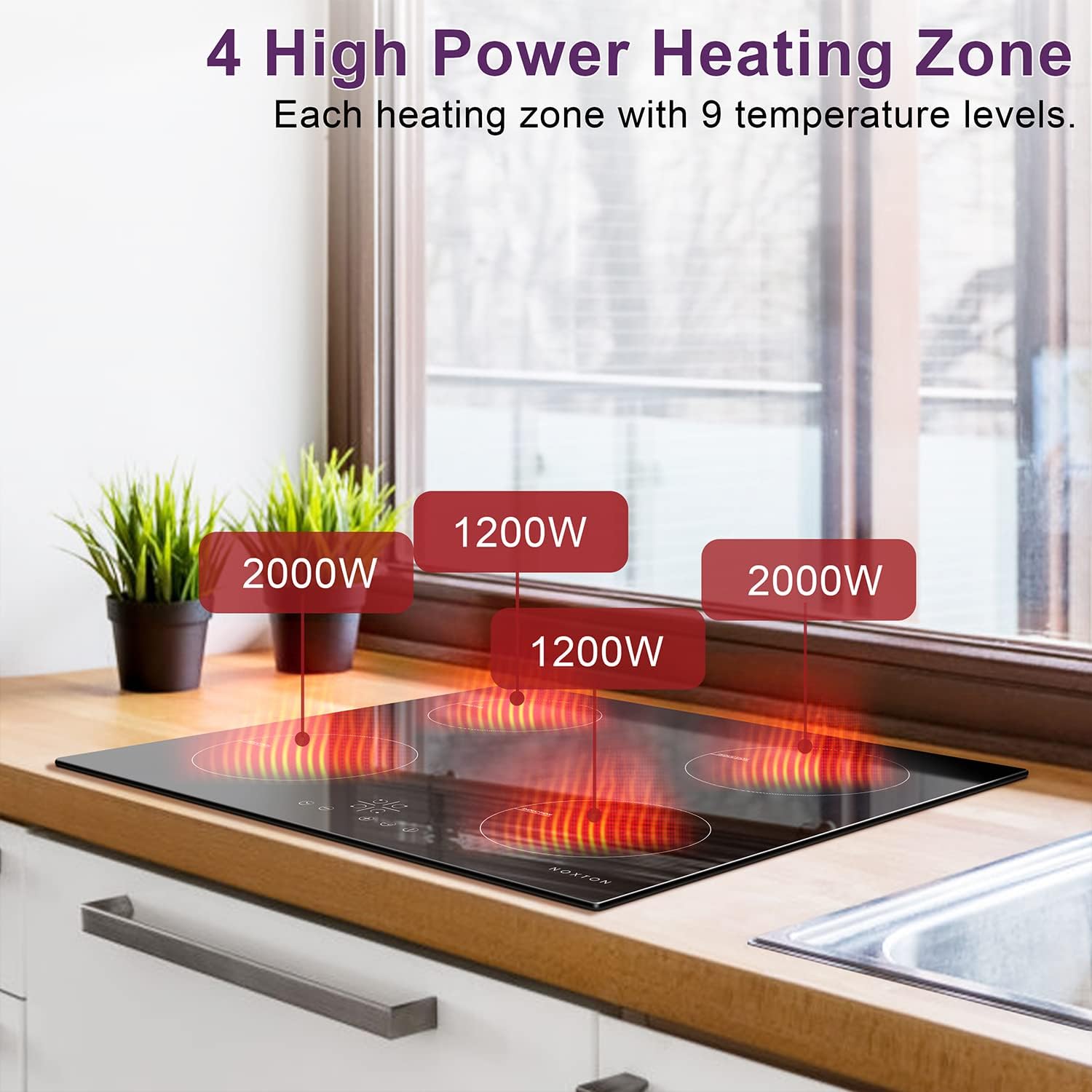 Noxton Plug in Induction Hob, 4 Zones Electric Hob 60cm, Touch Control with Child Safety Lock,UP to 99 Min Timer Black Crystal Glass