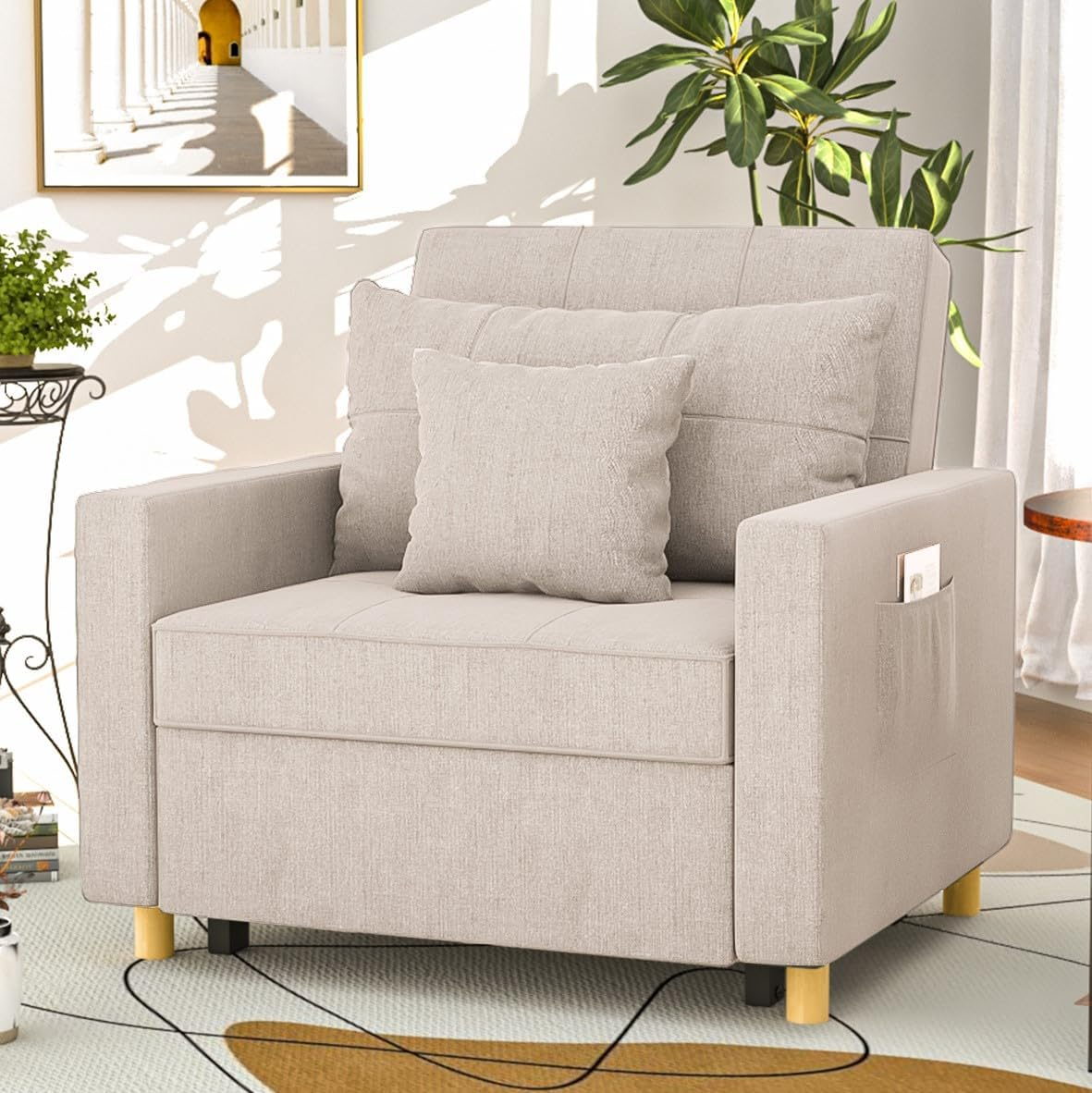 YODOLLA 3-in-1 Convertible Chair Bed, Sleeper Chair Bed, Pull Out Sleeper Chair Beds, Adjustable Single Armchair Sofa Bed with Side Pocket and Adjust Backrest Into a Sofa, Grey