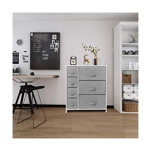 7 Drawers Dresser - Furniture Storage Tower Unit for Bedroom, Hallway, Closet, Office Organization - Steel Frame, Wood Top, Easy Pull Fabric Bins Gray/White Gray / White