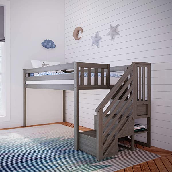 Max & Lily Twin Low Loft Bed with Staircase, White White Low Loft + Staircase Bed