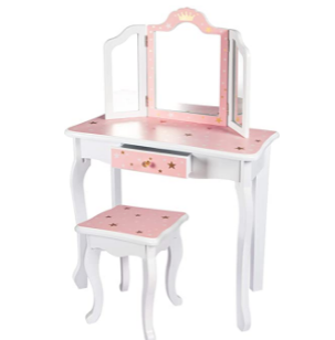 Nromant Kids Vanity Table and Chair Set, Girls Vanity Set with Mirror and Stool, Tri-Folding Mirror, Makeup Dressing Princess Table with Drawer, Kids Vanity Set with Mirror Age 4-9