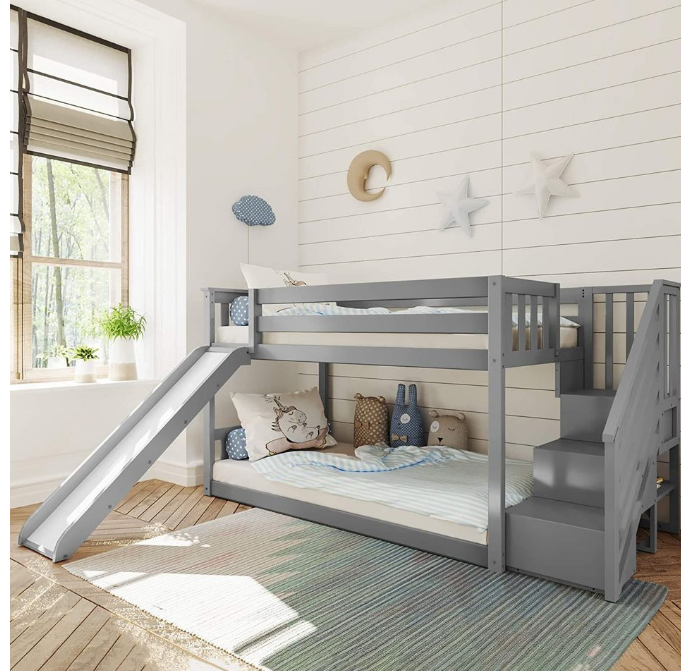 Low Bunk Bed, Twin-Over-Twin Bed Frame for Kids with Stairs & Slide, Clay