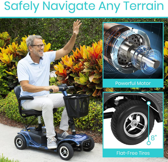 Vive 4 Wheel Mobility Scooter - Electric Powered Wheelchair Device - Compact Heavy Duty Mobile for Travel, Adults, Elderly - Long Range Power Extended Battery with Charger and Basket Included