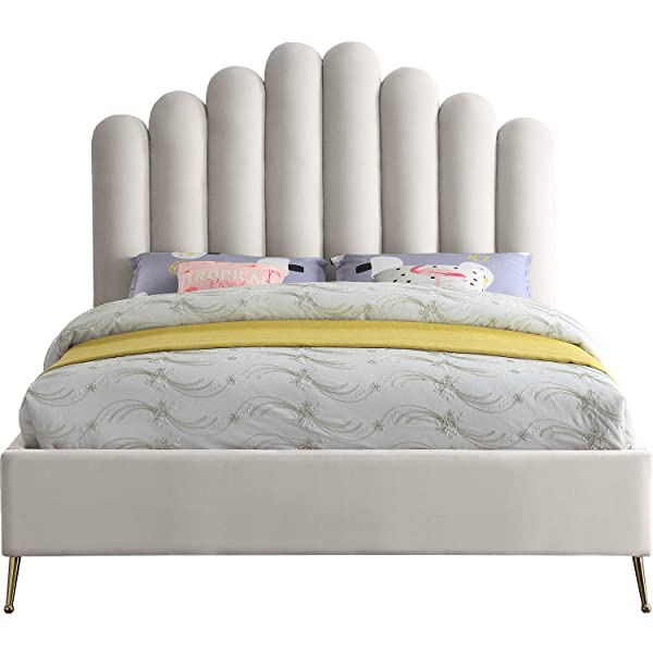 Meridian Furniture Lily Collection Modern | Contemporary Velvet Upholstered Bed with Deep Channel Tufting and Custom Gold Steel Legs, Queen, Cream Cream Queen