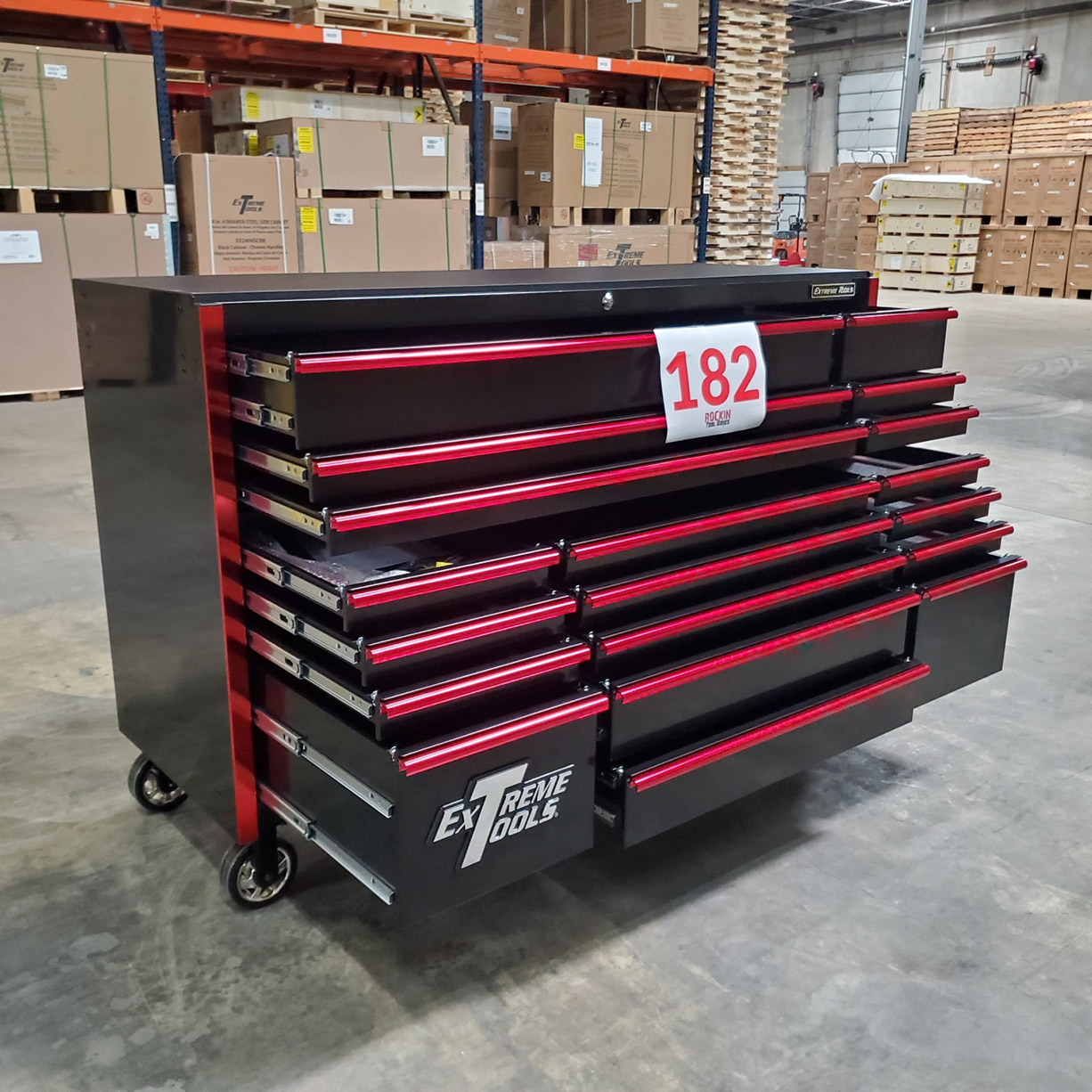 used toolboxShowroom Demo, Extreme Tools RX Series 72 19 Drawers 25 Deep Roller Cabinet, Black-Red, 150 lbs. Slides