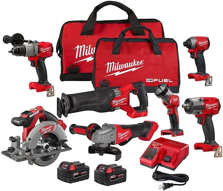 Milwaukee M18 FUEL 18-Volt Lithium-Ion Brushless Cordless Combo Kit with Two 5.0 Ah Batteries, 1 Charger, 2 Tool Bags (7-Tool)