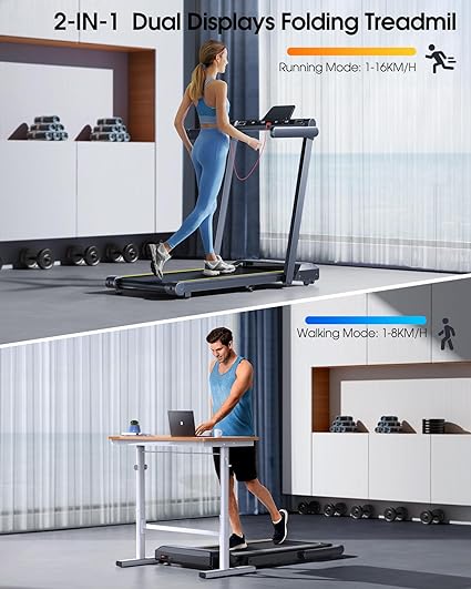 2 In 1 Home Folding Treadmill, Dual LED Screen, 2.5HP Silent Treadmill, 16KM/H, Bluetooth Speaker, Heart Rate, 12 Modes, App and Wireless Remote Control